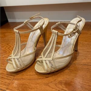 Caparros Lucky Gold Mesh T-Strap Stiletto Heels | Peach Glitz | Size 5.5